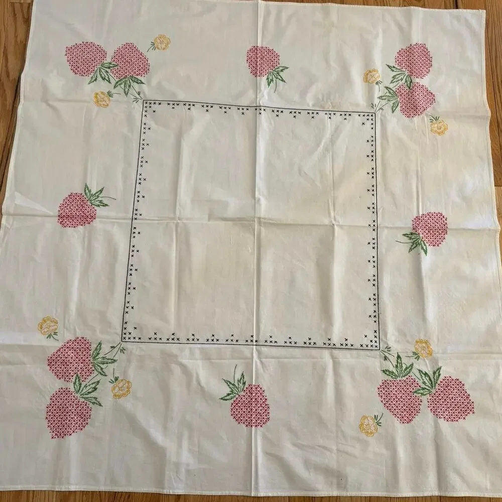 Vintage Hand Embroidered Strawberry Tablecloth White Cottagecore 50 x 50 OOAK